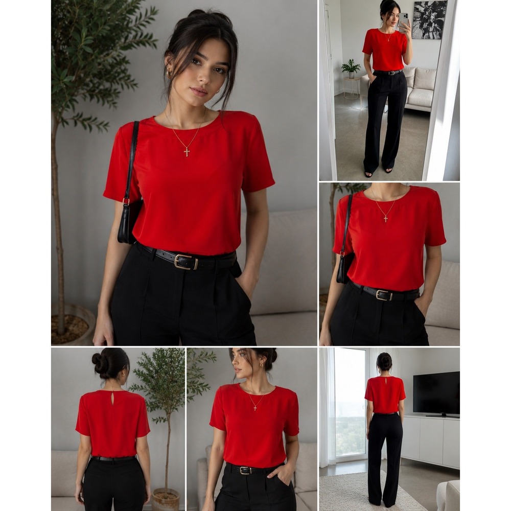 VTG Anna and Frank Red 100% Silk Short Sleeve Blouse Keyhole Back Size L